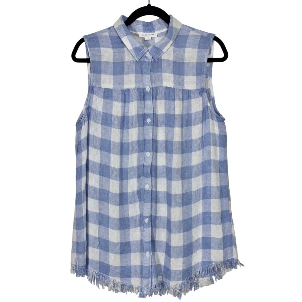 BeachLunchLounge Blue White Gingham Sleeveless Top Frayed Hem L Coastal Cottage